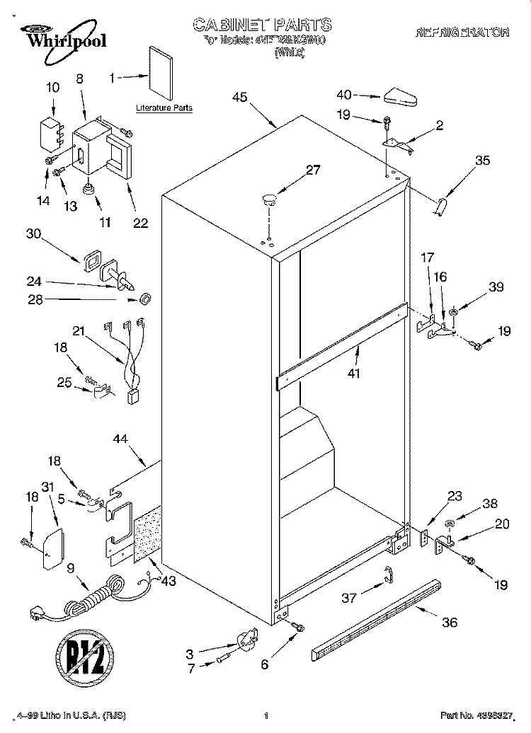 CABINET, LITERATURE Diagram and Parts List for 4VET22NKGW00  Whirlpool Refrigerator