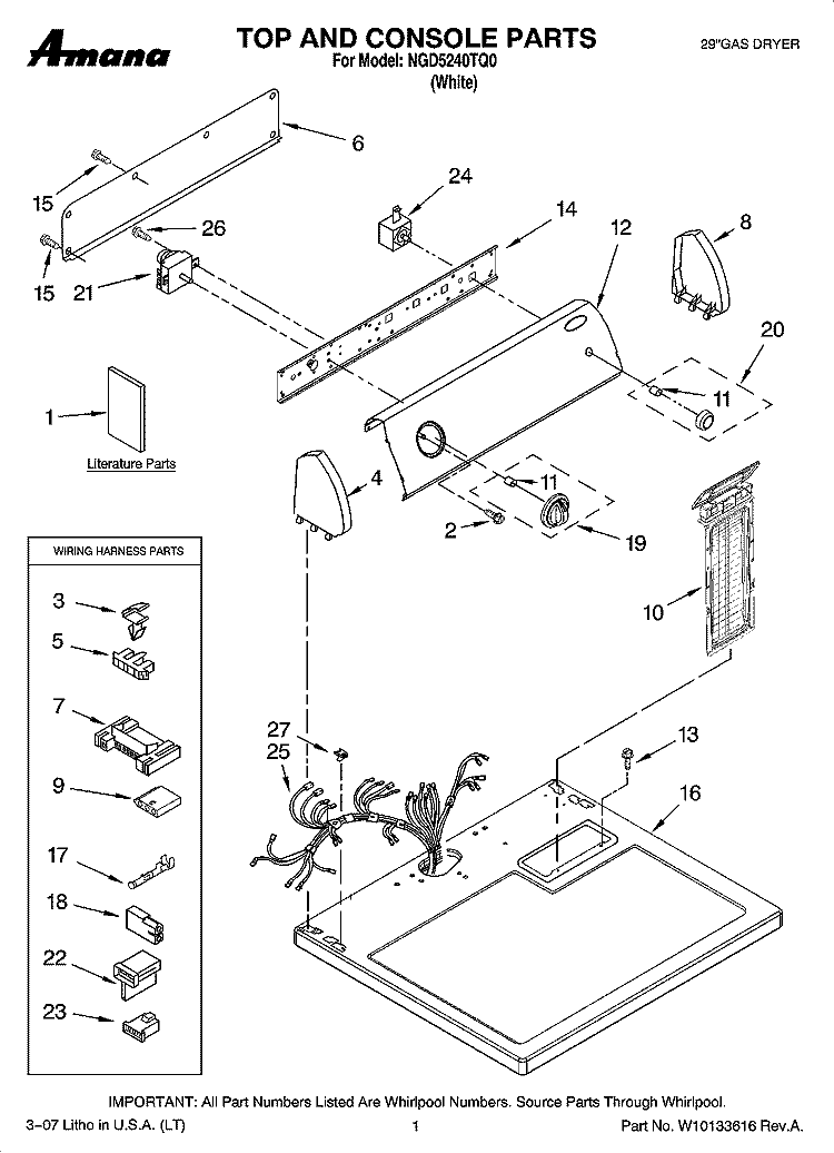 TOP AND CONSOLE PARTS Diagram and Parts List for NGD5240TQ0  Amana Dryer