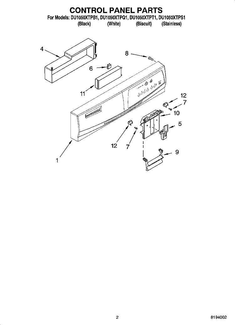 CONTROL PANEL PARTS Diagram and Parts List for DU1050XTPQ1  Whirlpool Dishwasher