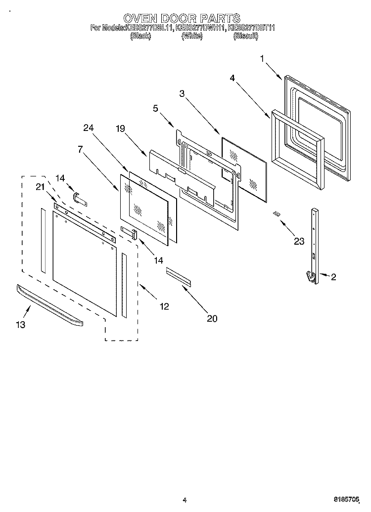 OVEN DOOR Diagram and Parts List for KEBS277DBL11  KitchenAid Wall Oven