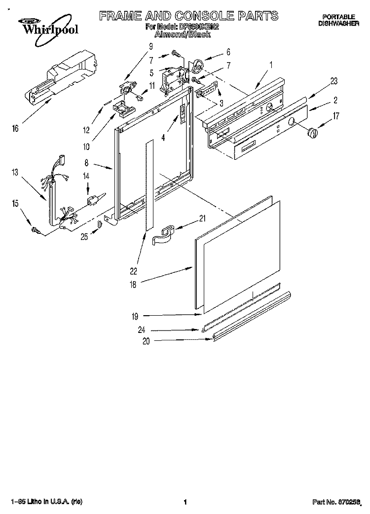 FRAME AND CONSOLE Diagram and Parts List for DP8500XBN2  Whirlpool Dishwasher