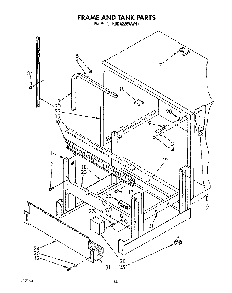 FRAME AND TANK Diagram and Parts List for KUDA22SWWH1  KitchenAid Dishwasher