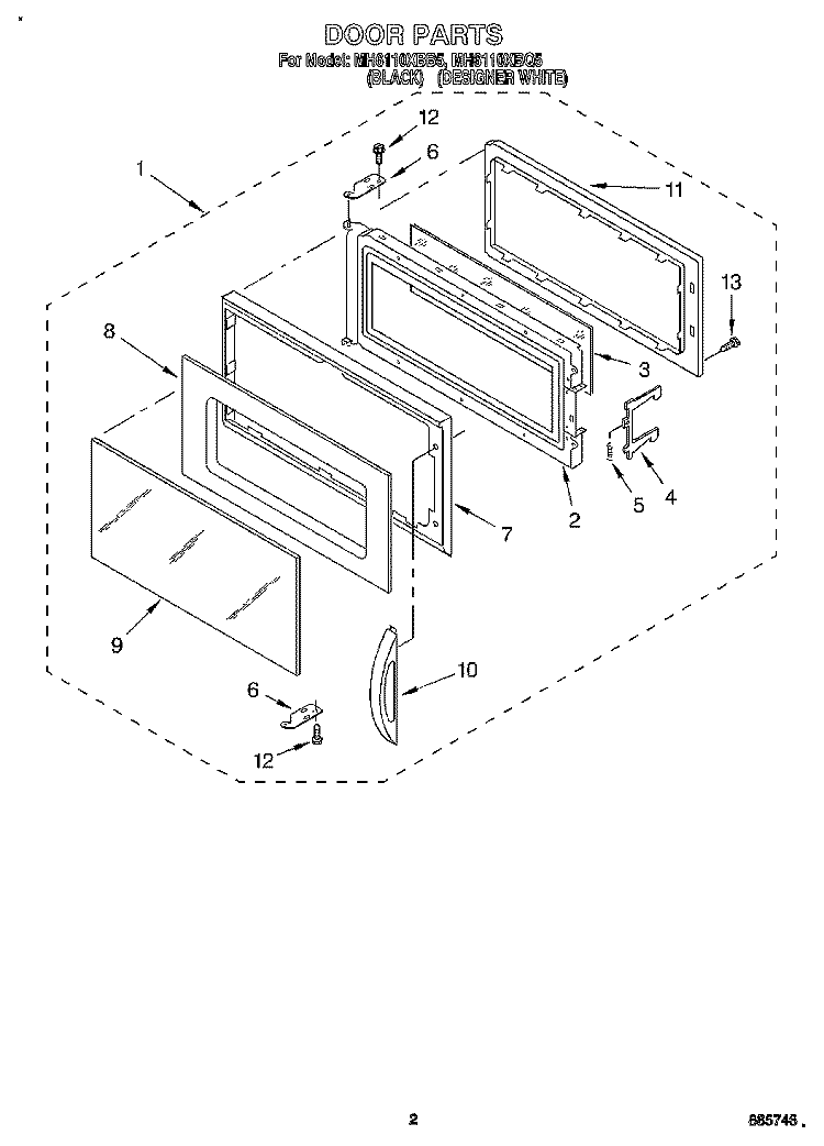 DOOR Diagram and Parts List for MH6110XBB5  Whirlpool Microwave