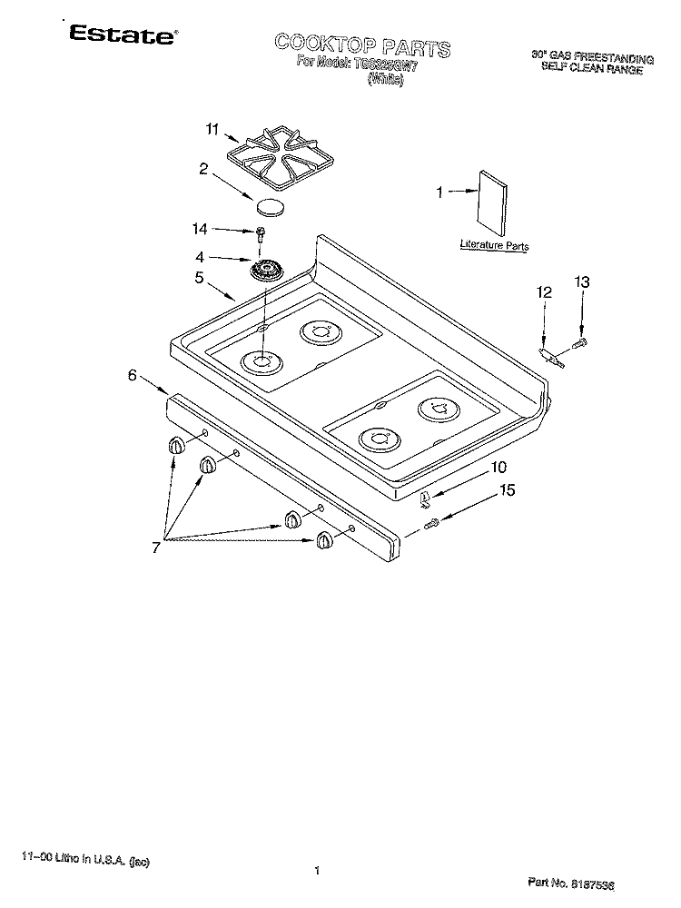 COOKTOP, LITERATURE Diagram and Parts List for TGS325GW7  Estate Range