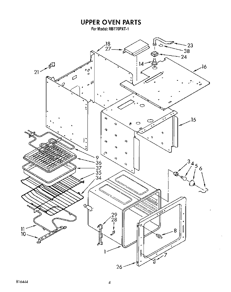 UPPER OVEN, LIT/OPTIONAL Diagram and Parts List for RB770PXT1  Whirlpool Range