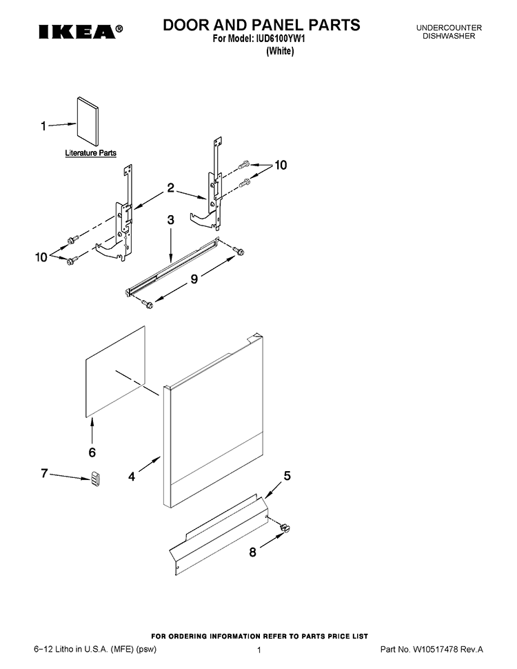 DOOR AND PANEL PARTS Diagram and Parts List for IUD6100YW1  Whirlpool Dishwasher