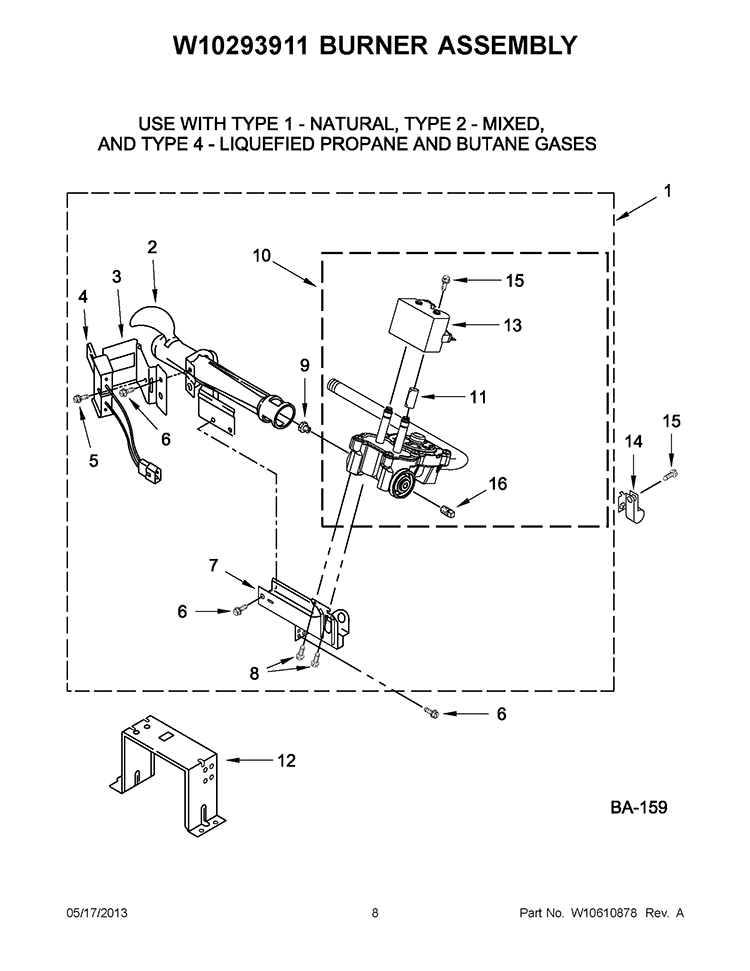 W10293911 BURNER ASSEMBLY Diagram and Parts List for WGD9050XW2  Whirlpool Dryer