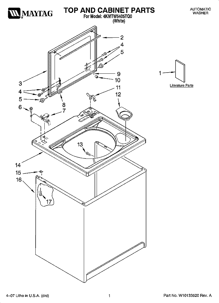 TOP AND CABINET PARTS Diagram and Parts List for 4KMTW5405TQ0  KitchenAid Washer