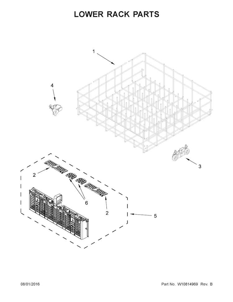 Lower Rack Parts Diagram and Parts List for WDT780SAEM1  Whirlpool Dishwasher