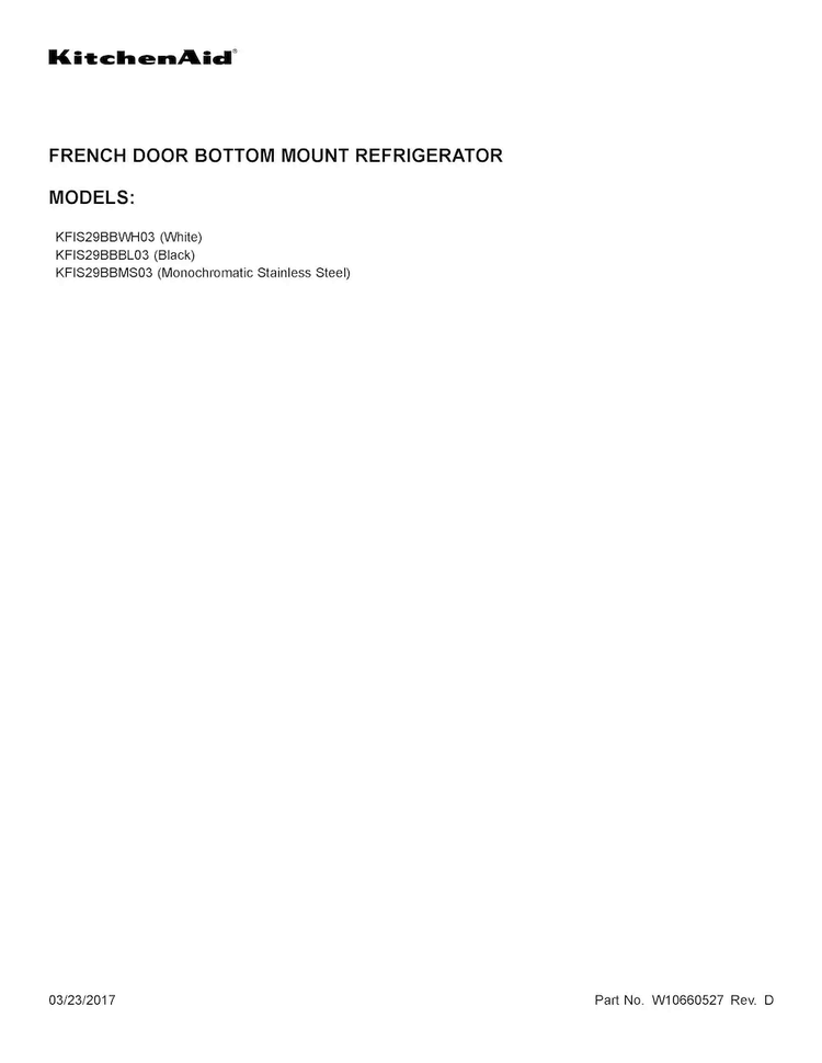 Cover Sheet Diagram and Parts List for KFIS29BBMS03  KitchenAid Refrigerator