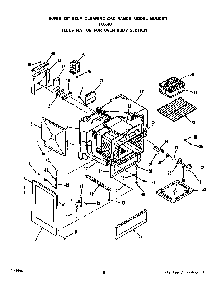 Oven Body Diagram and Parts List for F8558*0  Roper Range