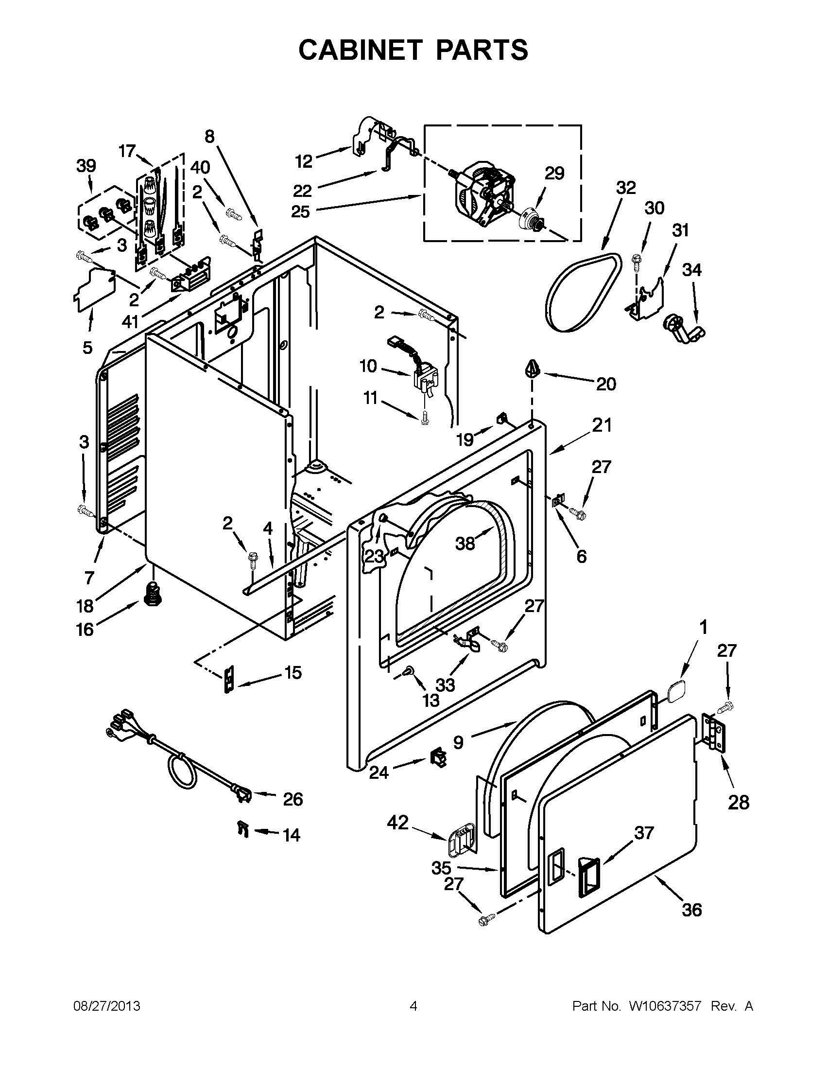 03 - CABINET PARTS Diagram and Parts List for YWED4850BW0  Whirlpool Dryer