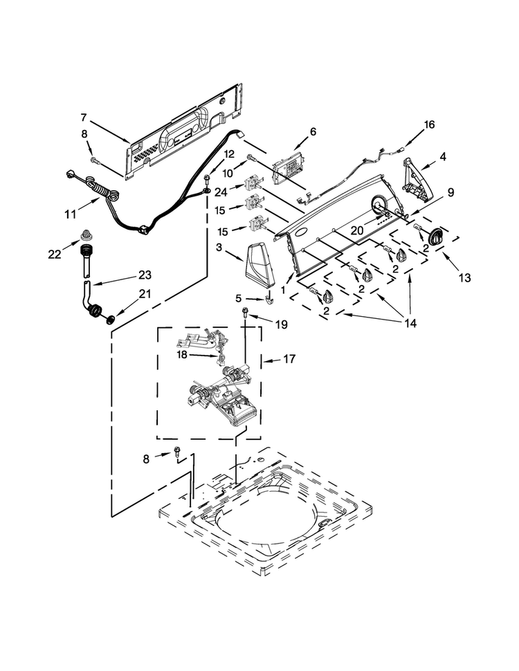 Controls And Water Inlet Parts Diagram and Parts List for 7MWTW1602BM1  Whirlpool Washer