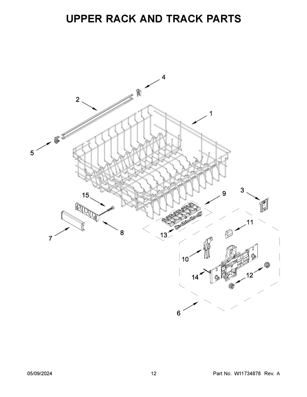 Upper Rack And Track Parts Diagram and Parts List for KDTE104KPS3  KitchenAid Dishwasher