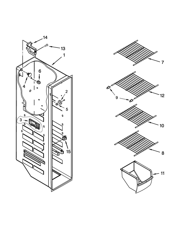 Freezer Liner Parts Diagram and Parts List for 5WRS25KNBW02  Whirlpool Refrigerator