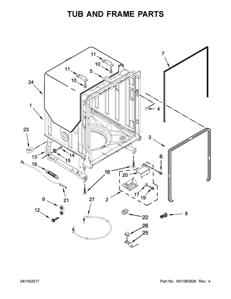 Tub And Frame Parts Diagram and Parts List for KDTE204EPA4  KitchenAid Dishwasher