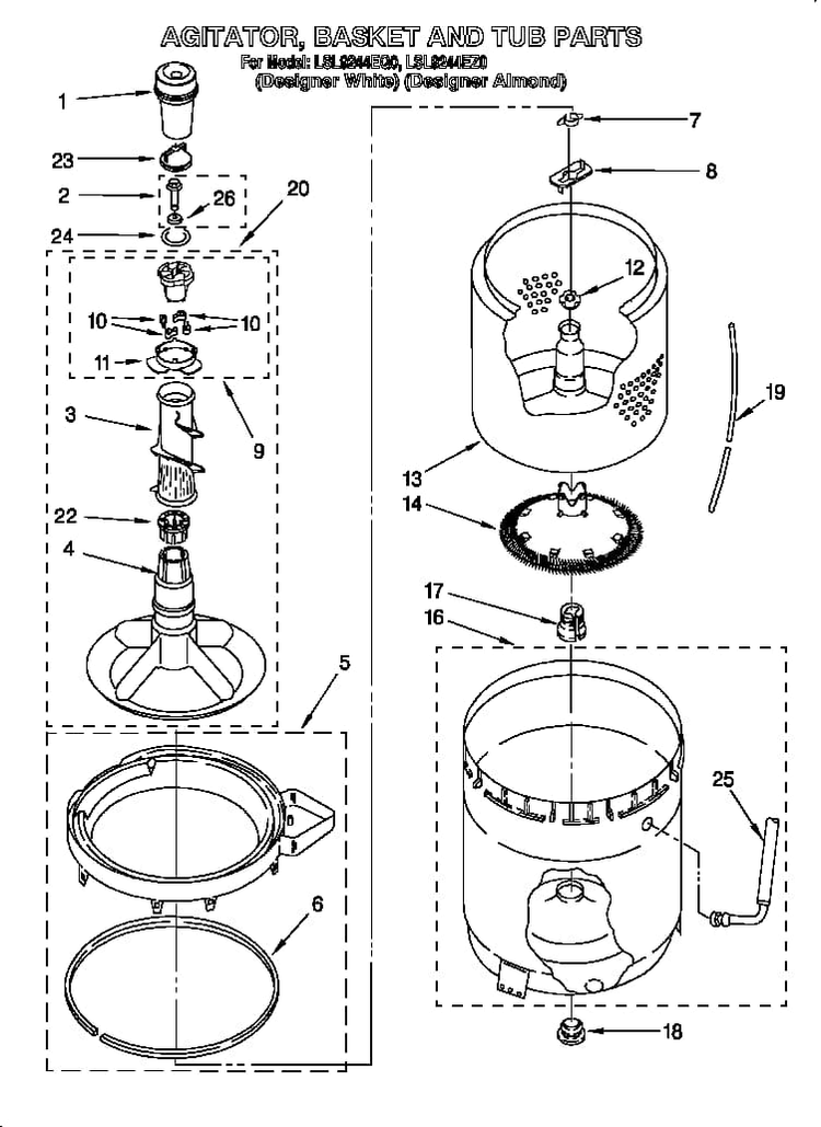 Agitator, Basket And Tub Diagram and Parts List for LSL8244EZ0  Whirlpool Washer