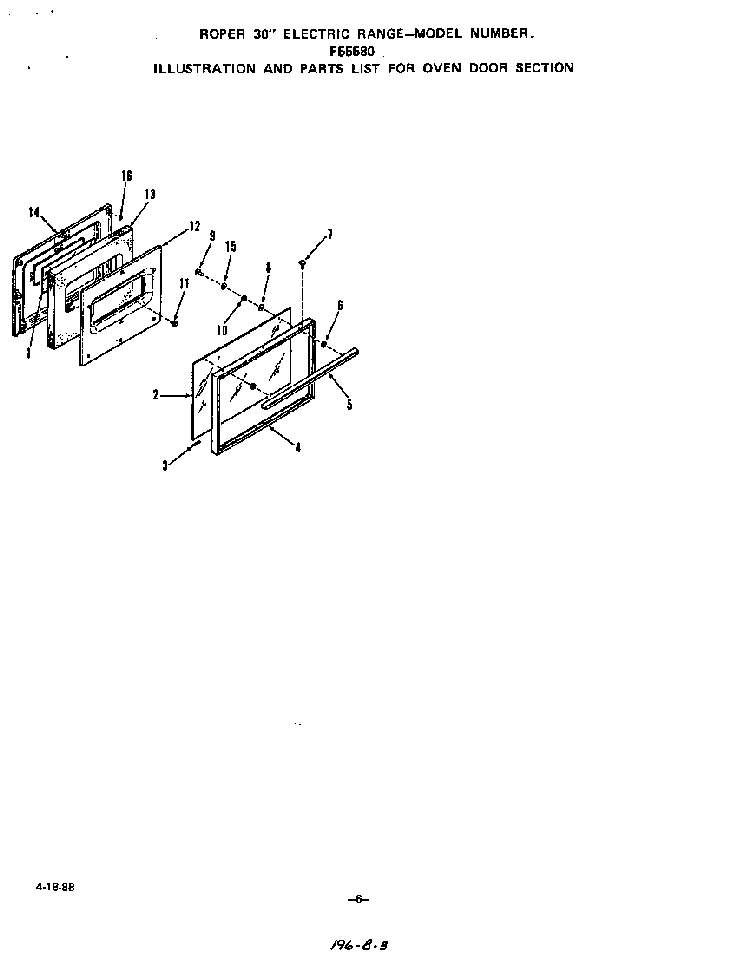 Oven Door Diagram and Parts List for F5558*0  Roper Range