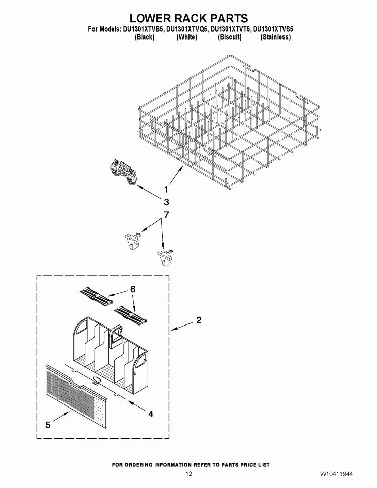 LOWER RACK PARTS Diagram and Parts List for DU1301XTVQ5  Whirlpool Dishwasher
