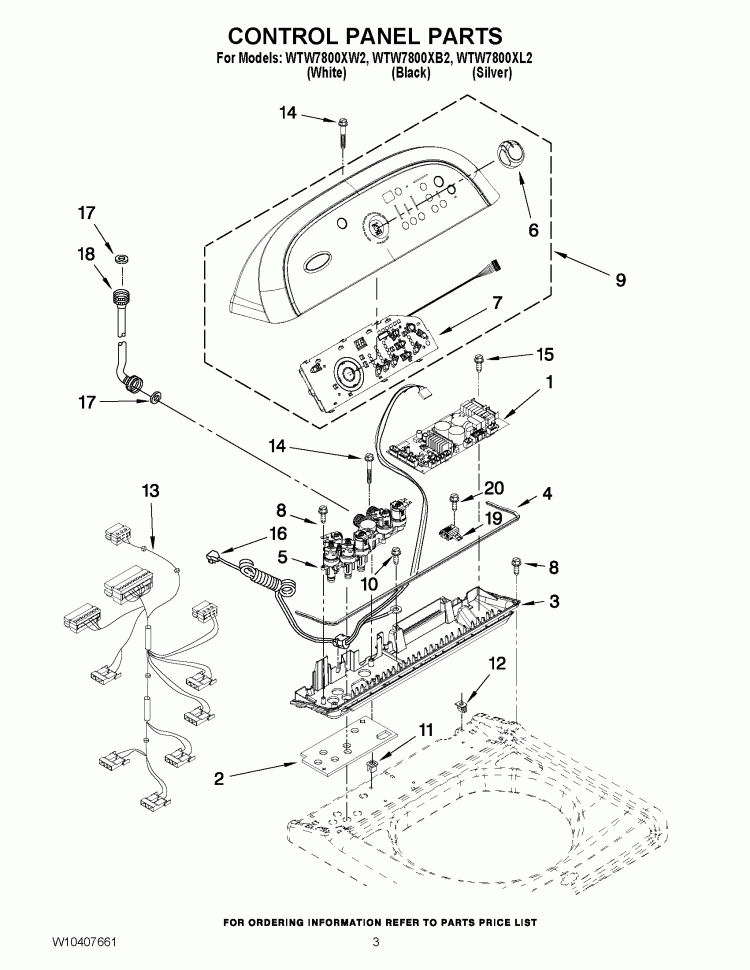 CONTROL PANEL PARTS Diagram and Parts List for WTW7800XL2  Whirlpool Washer