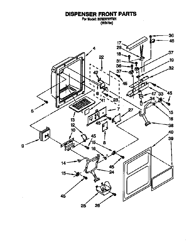Dispenser Front Diagram and Parts List for 3XR2727FI01  Whirlpool Refrigerator