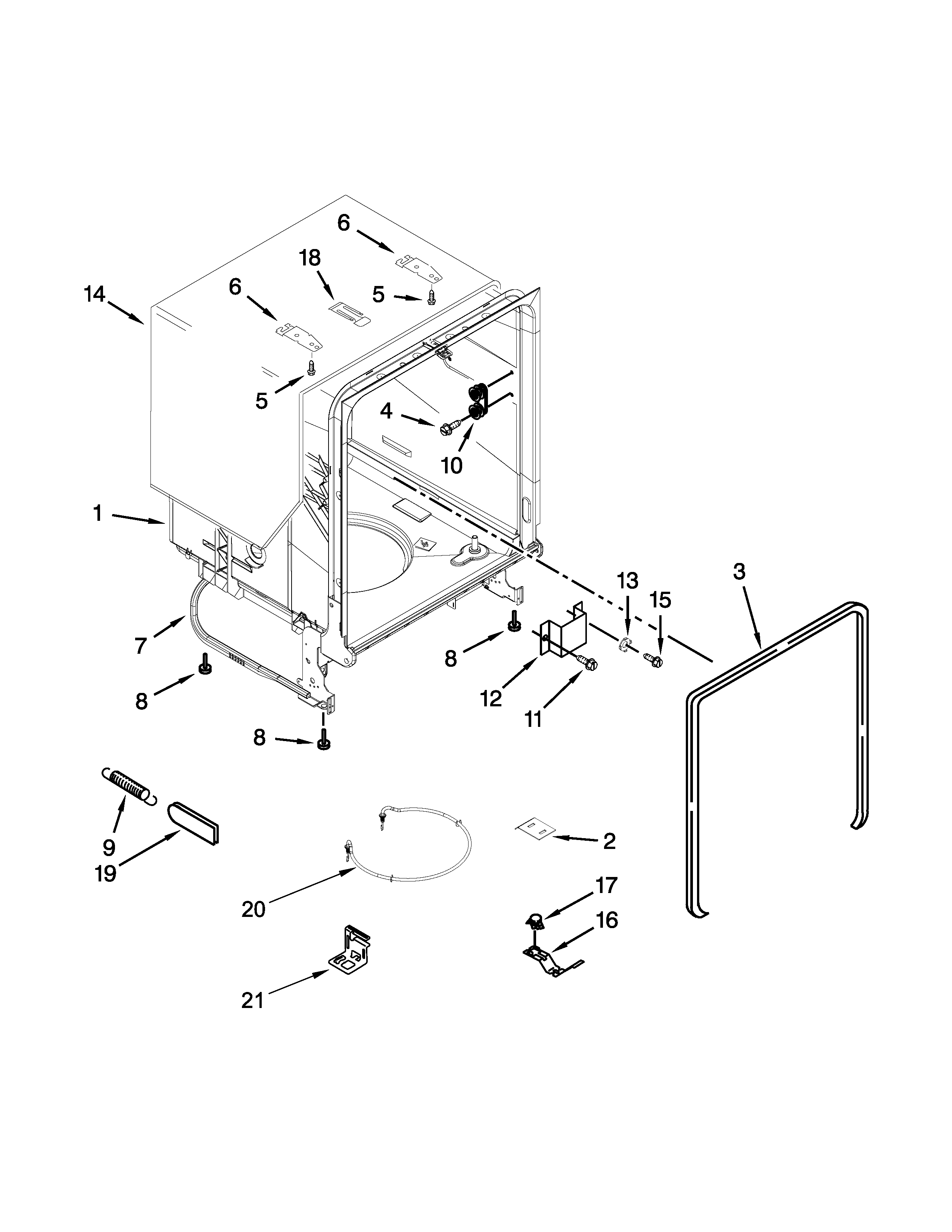 Tub And Frame Parts Diagram and Parts List for 66514313N413  Kenmore Dishwasher