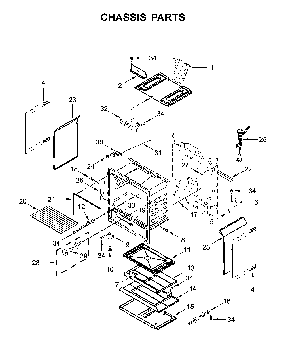 Chassis parts Diagram and Parts List for WFG525S0JT1  Whirlpool Range