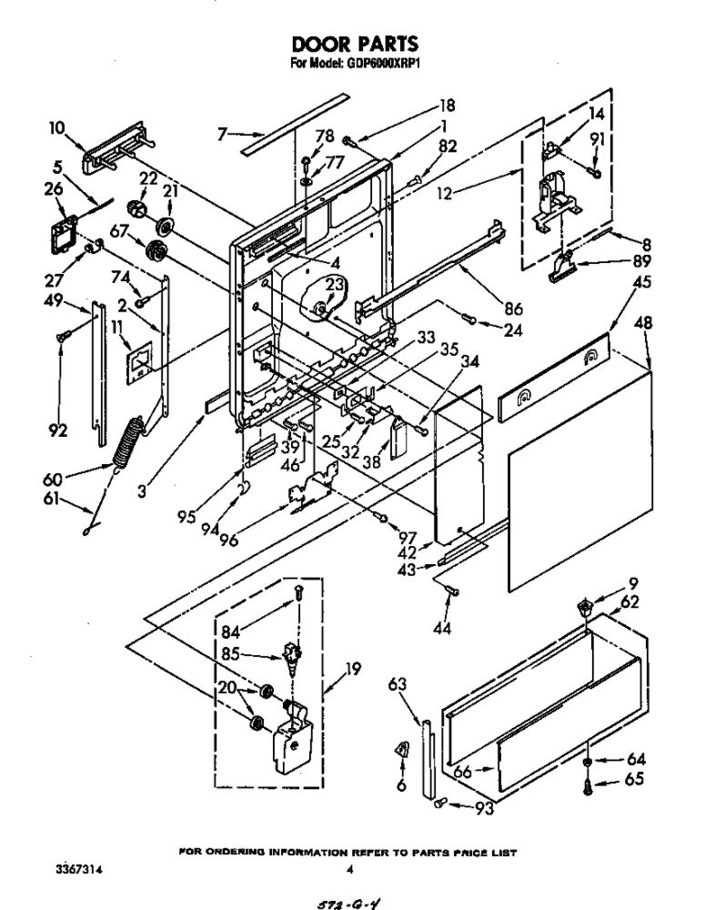 Door Diagram and Parts List for GDP6000XRP1  Whirlpool Dishwasher