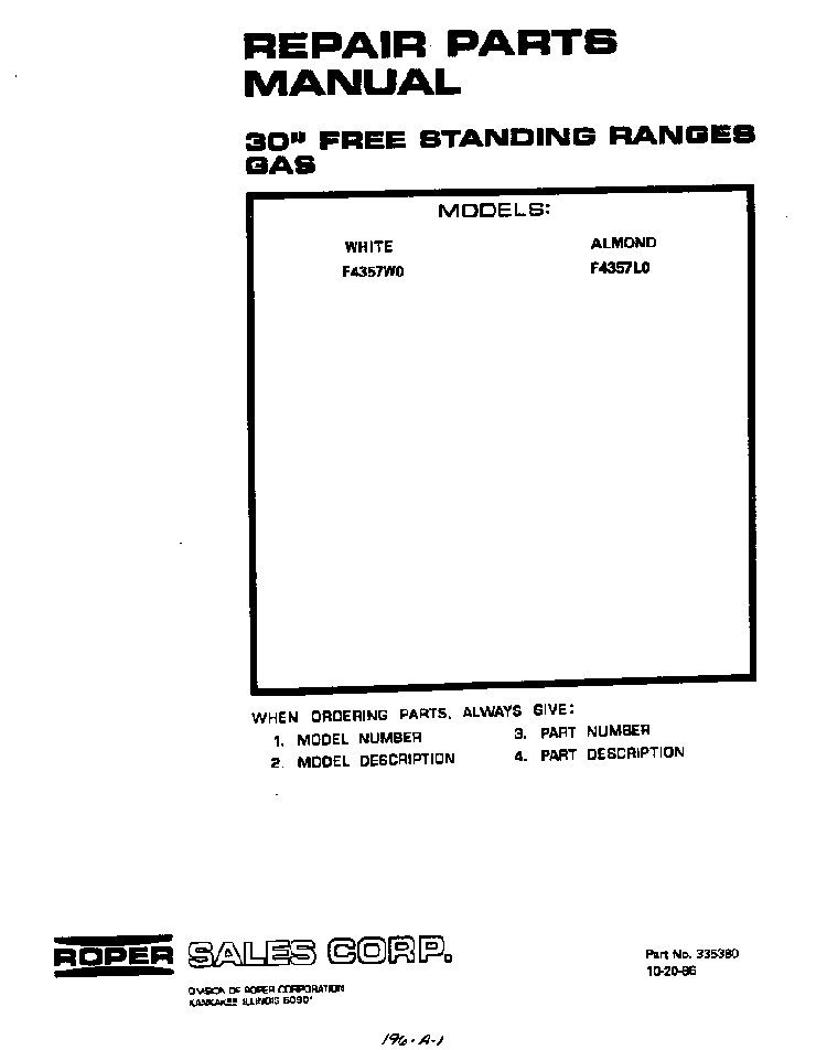 Front Cover Diagram and Parts List for F4357*0  Roper Range