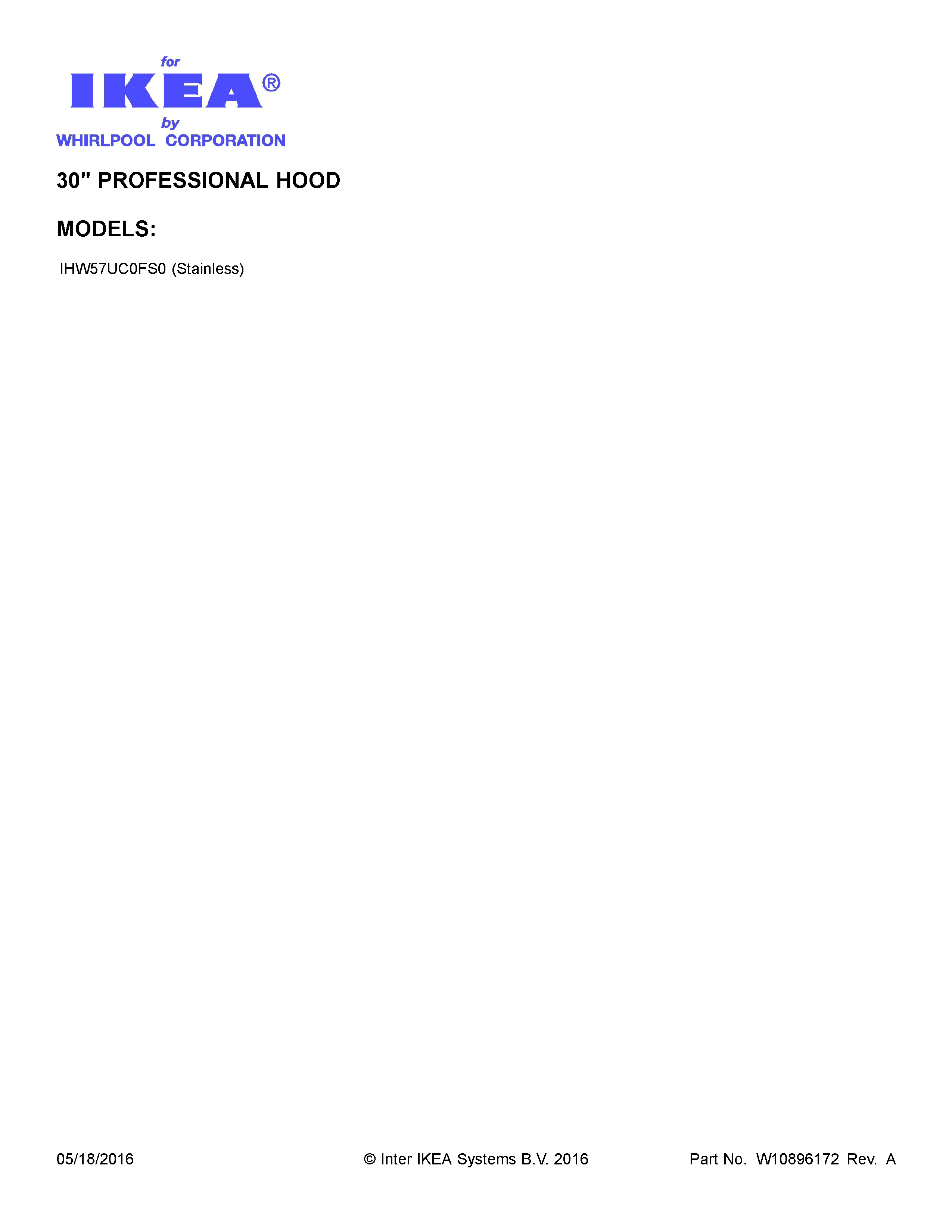 Cover Sheet Diagram and Parts List for IHW57UC0FS0  Whirlpool Range Hood