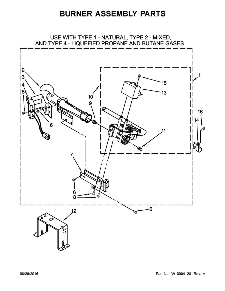 Burner Assembly Parts Diagram and Parts List for WGD85HEFW0  Whirlpool Dryer
