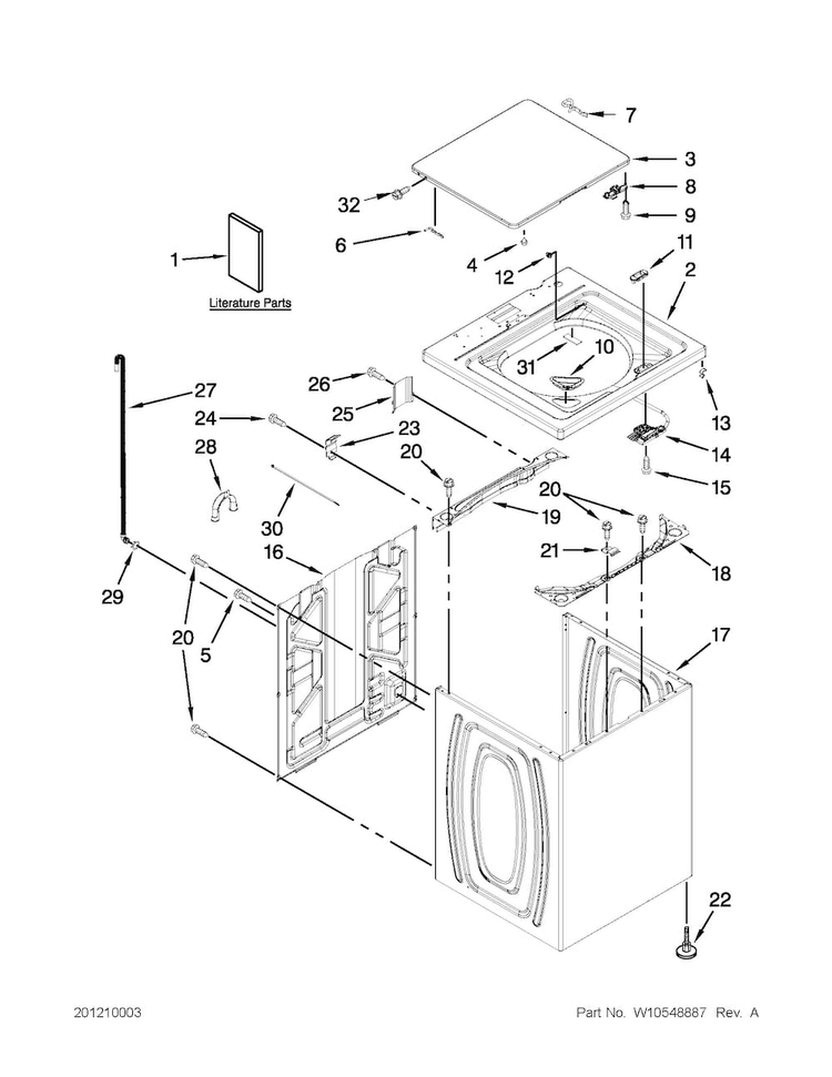 Top And Cabinet Parts Diagram and Parts List for 1105072011  Kenmore Washer