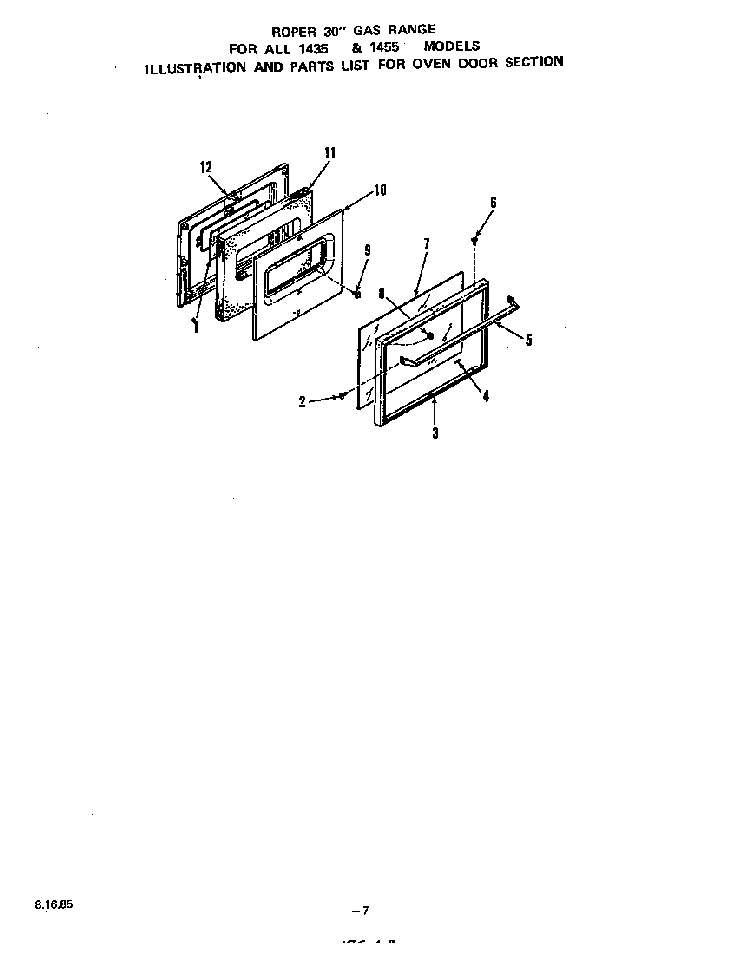 Oven Door Diagram and Parts List for 1435*0A  Roper Range