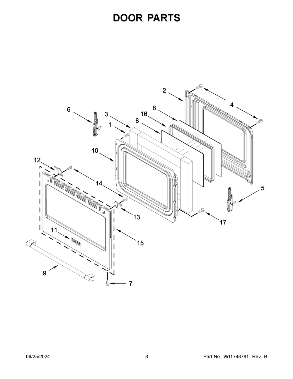 05 - Door Parts Diagram and Parts List for YMFES6030RB0  Whirlpool Range
