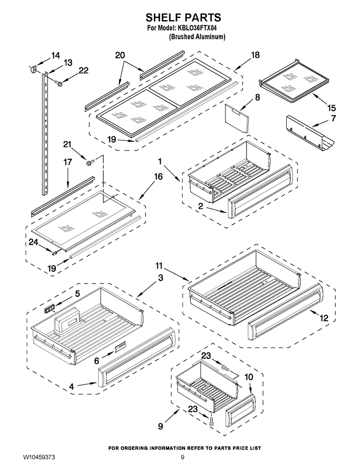 SHELF PARTS Diagram and Parts List for KBLO36FTX04  KitchenAid Refrigerator