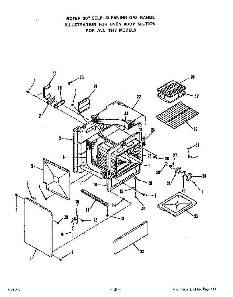 Oven Body Diagram and Parts List for 1347*0A  Roper Range