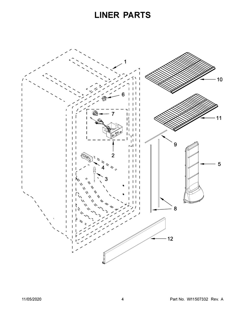 Liner Parts Diagram and Parts List for AZF33X20DW04  Whirlpool Refrigerator