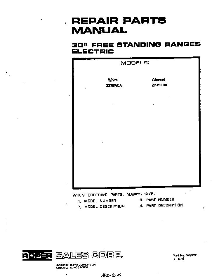 Front Cover Diagram and Parts List for 2275*0A  Roper Range