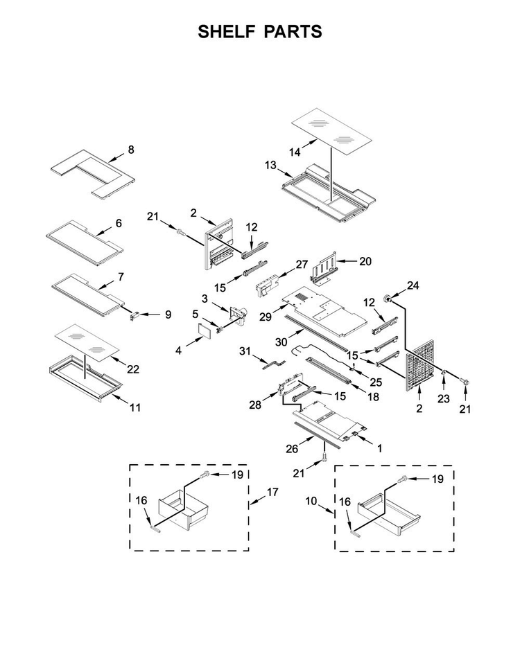Shelf Parts Diagram and Parts List for WRF964CIHM00  Whirlpool Refrigerator