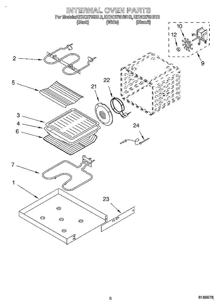 INTERNAL OVEN Diagram and Parts List for KEBC278HBT2  KitchenAid Wall Oven
