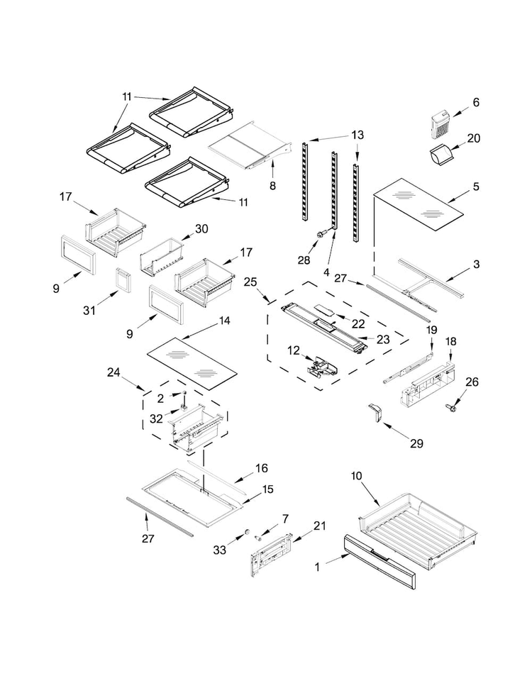 Shelf Parts Diagram and Parts List for WRF736SDAB12  Whirlpool Refrigerator