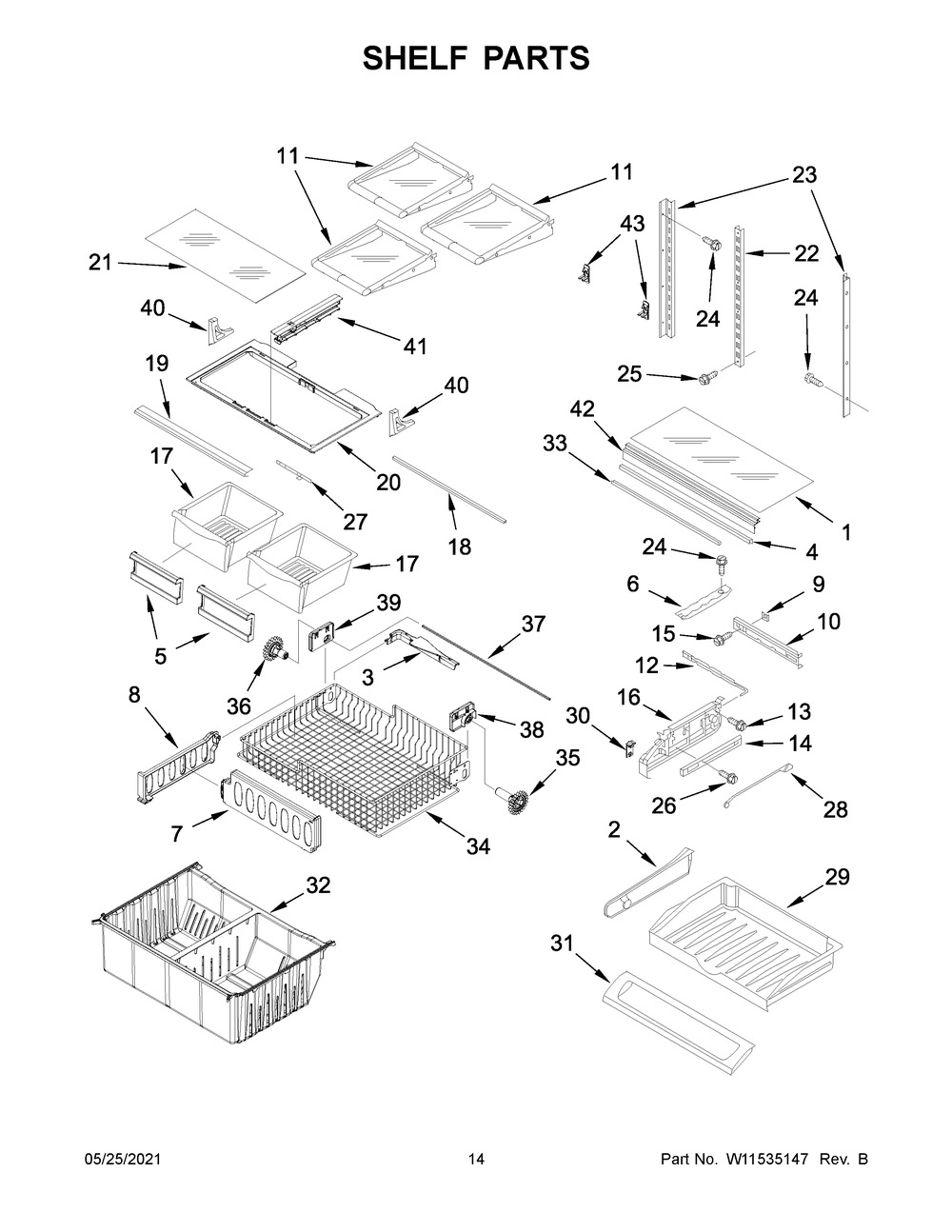Shelf Parts Diagram and Parts List for WRFA32SMHZ05  Whirlpool Refrigerator