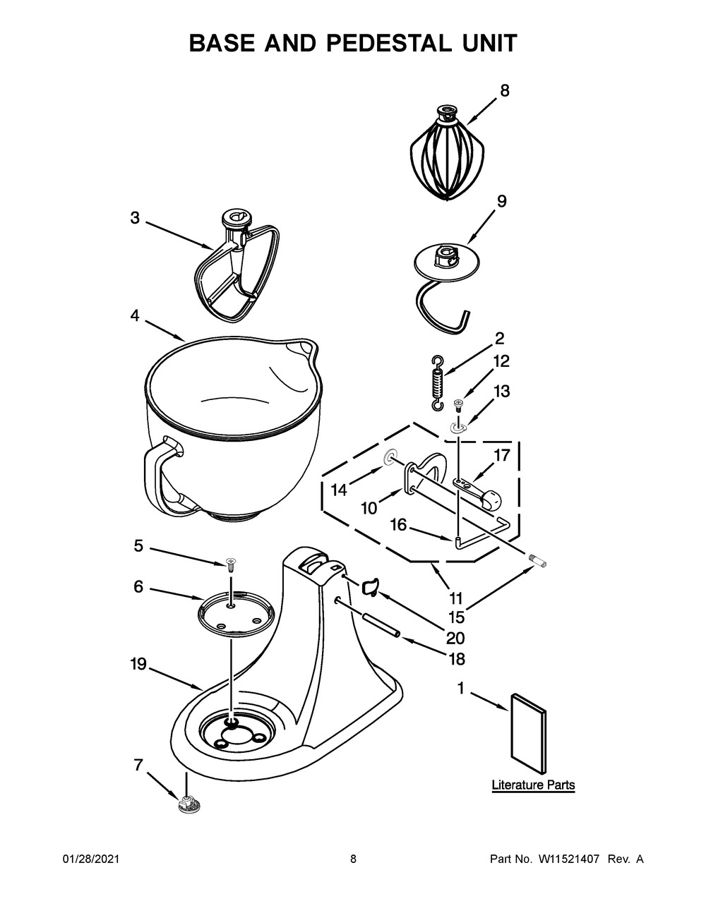Base And Pedestal Unit Diagram and Parts List for 5KSM156BBM4  Whirlpool Mixer