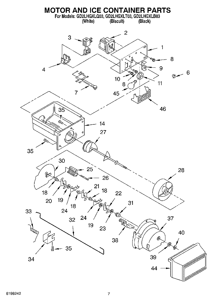 MOTOR AND ICE CONTAINER Diagram and Parts List for GD2LHGXLT03  Whirlpool Refrigerator