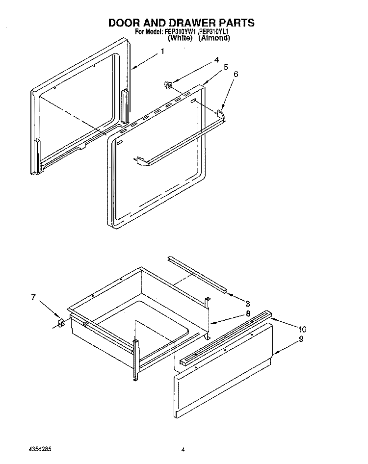 DOOR AND DRAWER Diagram and Parts List for FEP310YW1  Roper Range