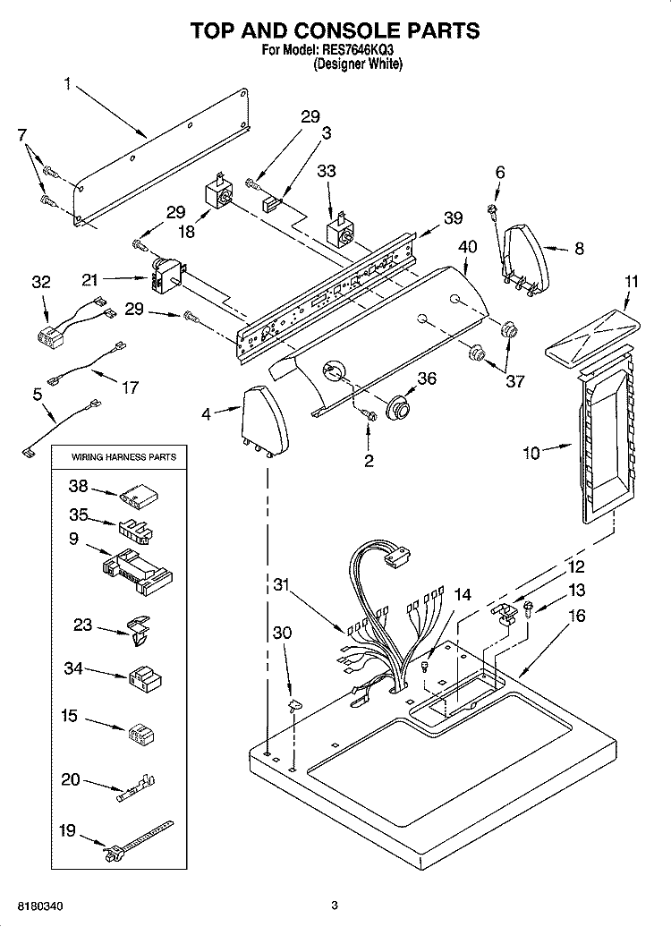 TOP AND CONSOLE PARTS Diagram and Parts List for RES7646KQ3  Roper Dryer