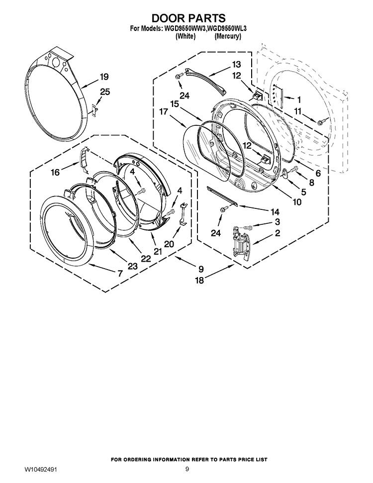DOOR PARTS Diagram and Parts List for WGD9550WL3  Whirlpool Dryer