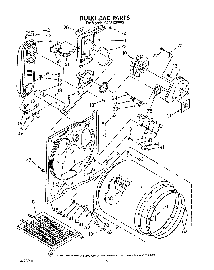 BULKHEAD Diagram and Parts List for LG9481XWW0  Whirlpool Dryer