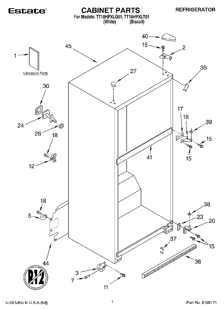 CABINET, LITERATURE Diagram and Parts List for TT18HPXLT01  Estate Refrigerator