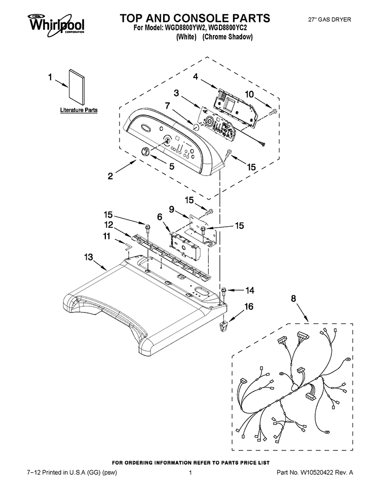 TOP AND CONSOLE PARTS Diagram and Parts List for WGD8800YW2  Whirlpool Dryer
